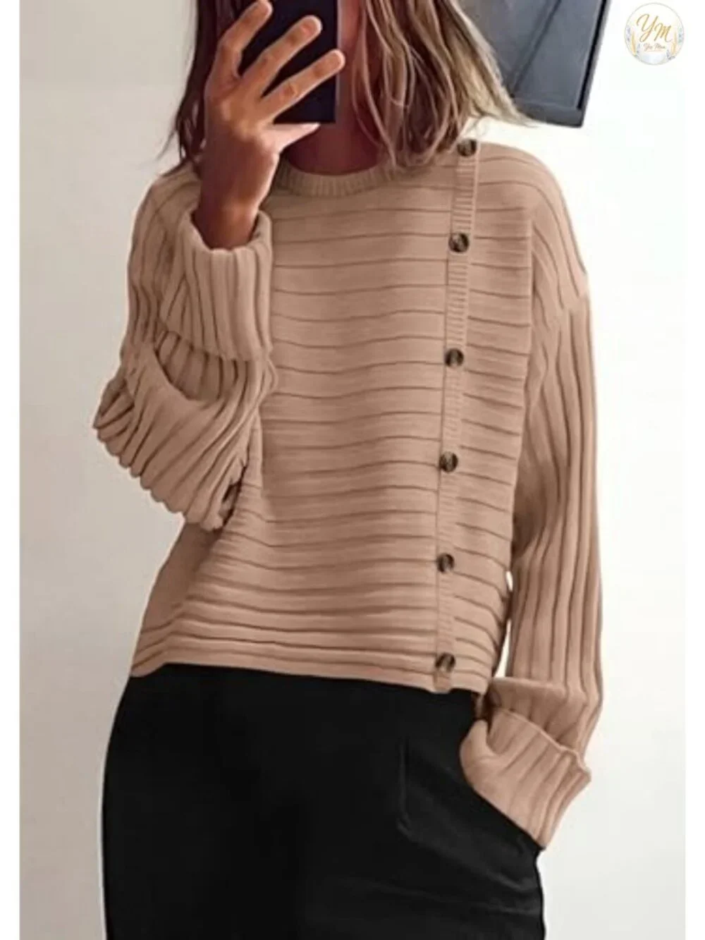 Womens Asymmetric Button Long Sleeve Knit Pullover Sweater